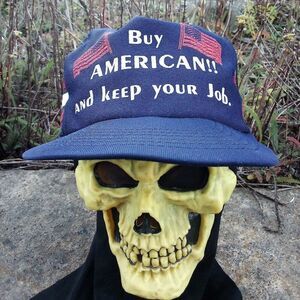 Vintage Buy American Keep Your Job Three Stripe Trucker Hat Cap